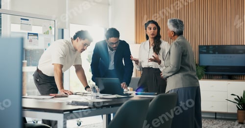 Preview: Meeting, finance and business people in office with documents for financial review