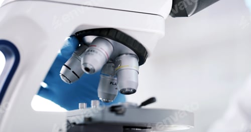 Preview: Microscope, lens and closeup at laboratory for medical research, bacteria