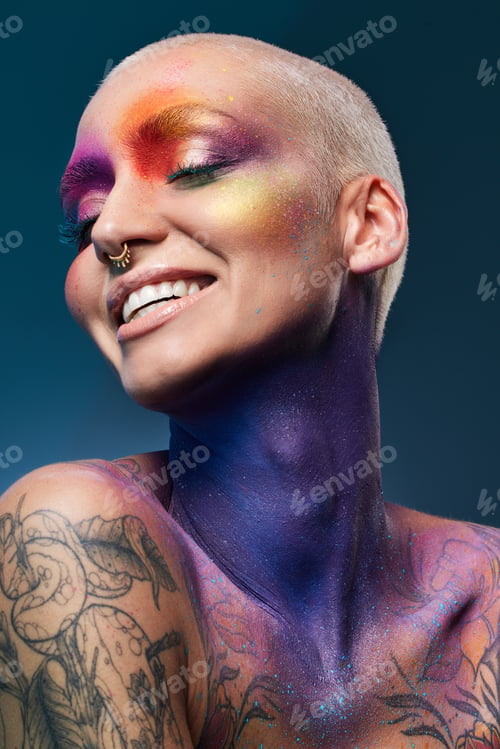 Preview: Makeup, smile and paint with woman in studio for art deco, color splash or beauty aesthetic