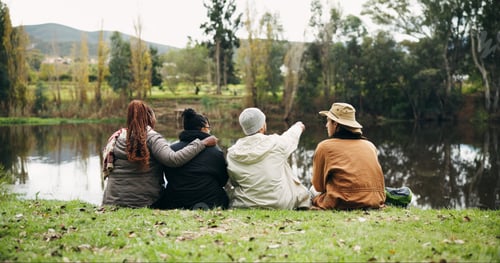 Preview: Friends, relax and talk at park by lake, point or embrace on hiking trip, break and nature tourism