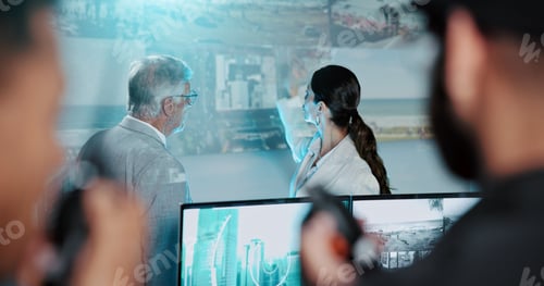 Preview: People, security team and discussion with surveillance for monitoring safety in control room