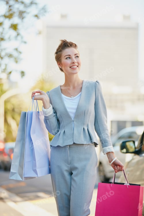 Preview: Happy, thinking and woman in city with shopping bag for purchase, discount