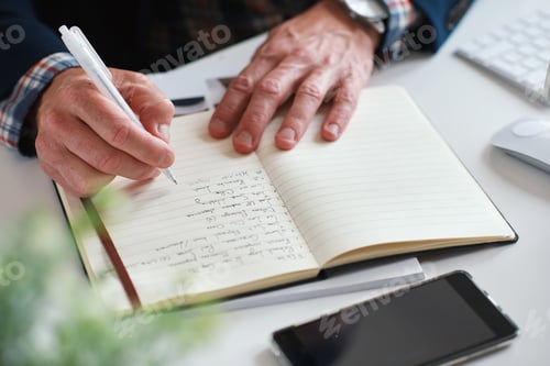 Preview: Business person, hands and writing with book for schedule reminder, ideas or to do list in home