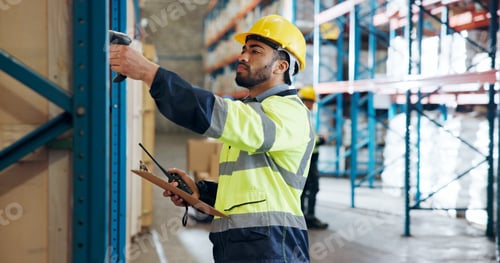 Preview: Distribution, scan and man with clipboard in warehouse for supply chain, shipping and inventory