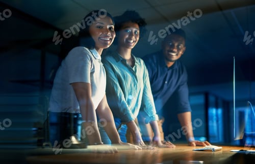 Preview: Businesswoman, team and smile at computer at night for news planning, blog deadline or about us
