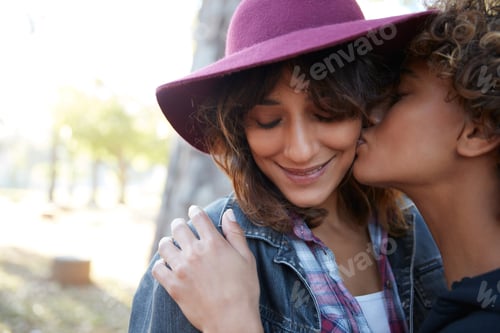 Preview: Kiss, love and smile with lesbian couple in park for commitment, bonding and summer holiday