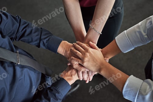 Preview: Teamwork, hands and above stack for business people with motivation, support and agreement