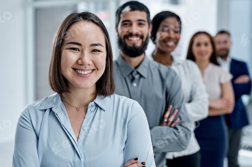 Preview: Portrait, confidence and happy woman with team at law firm, legal representative