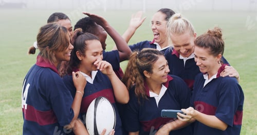 Preview: Selfie, rugby and success with women on field for social media post, training memory and support