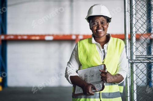Preview: Happy woman, portrait or civil engineer with clipboard in warehouse for industrial construction