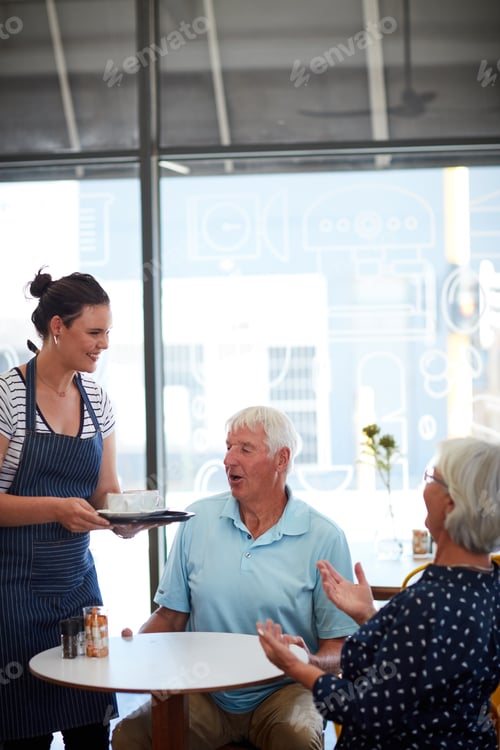 Preview: Smile, waitress and old couple with coffee at cafe for order, breakfast and customer service