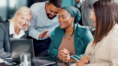 Preview: Greeting, laptop and video call with business people in boardroom for financial webinar or workshop