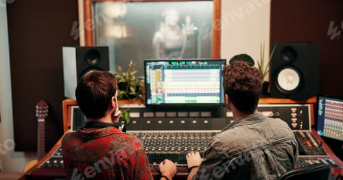 Preview: Sound engineer, screen or team in recording studio for music, composition or song quality
