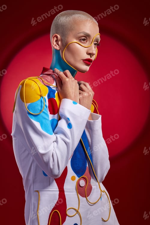 Preview: Fashion, bold or woman with suit, abstract statement or art style in unique blazer