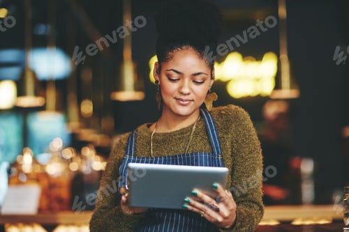 Preview: Tablet, business owner and woman in restaurant, internet and digital app for menu items