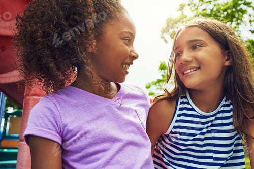 Preview: Outdoor, kids and girls with smile by playground, weekend break and hang out for relationship