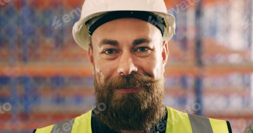 Preview: Portrait, logistics and man in warehouse, helmet and engineering with supply chain