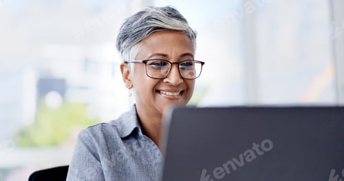 Preview: Reading, glasses and happy woman with laptop in office, accountant and financial analysis