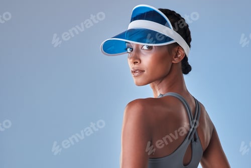 Preview: Portrait, visor and woman with fitness, serious and exercise for wellness on gray background