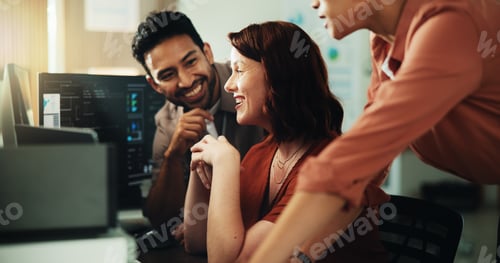 Preview: Computer, coding and team with business people in office for programmer review