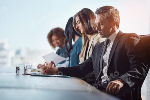 Preview: Businessman, writing and team at office meeting with documents, audit or financial review