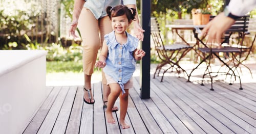 Preview: Walking, excited and toddler with family outdoor on patio for learning, milestone and support