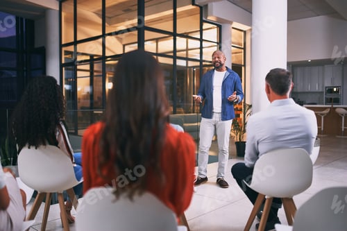 Preview: Businessman, coach and night with team for presentation, conference or staff training workshop