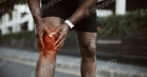 Preview: Runner, fitness and man with knee pain in city for exercise, workout and training outdoor