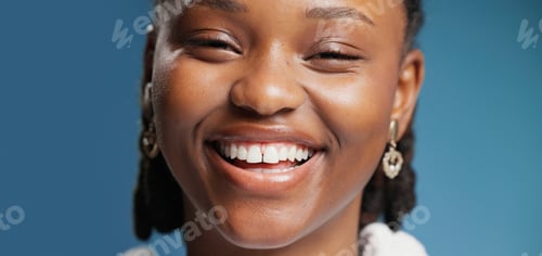 Preview: Portrait, black woman and smile for dental in studio for teeth whitening, oral care and hygiene