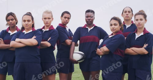 Preview: Rugby, team and portrait of women on field for training, game challenge and sports tournament
