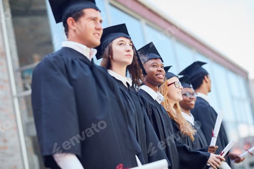 Preview: People, students and line with graduation certificate for academic ceremony together on campus