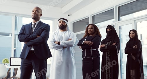 Preview: Business, people and arms crossed in row at law firm for legal aid, muslim coworkers and about us