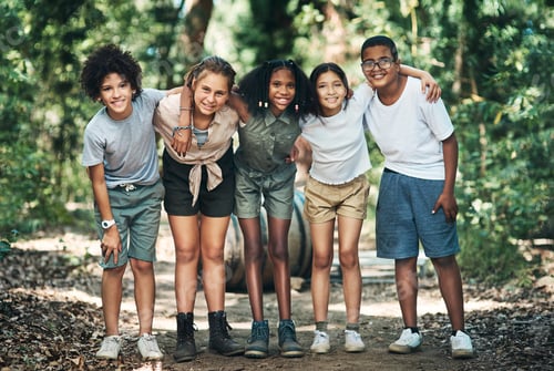 Preview: Friends, portrait or children in nature with hug, positive growth or bonding together on summer