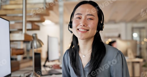 Preview: Computer, headset and woman with customer service portrait for CRM, online assistance and help