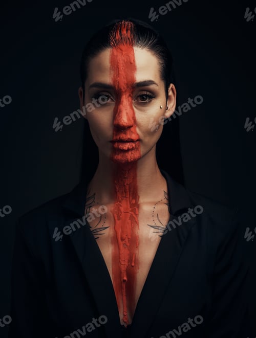 Preview: Portrait, woman and face paint in studio with red stripe, dark aesthetic