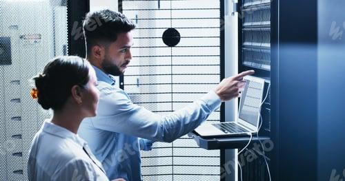 Preview: Collaboration, laptop and problem solving with people in server room for network administration
