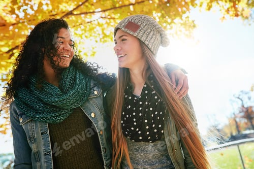 Preview: Teenager, girls and hug in park for holiday, relax and together in autumn nature