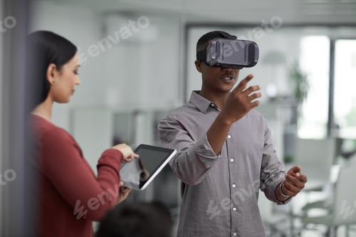 Preview: VR, glasses or people with tablet screen in office, testing or demo evaluation for engineering