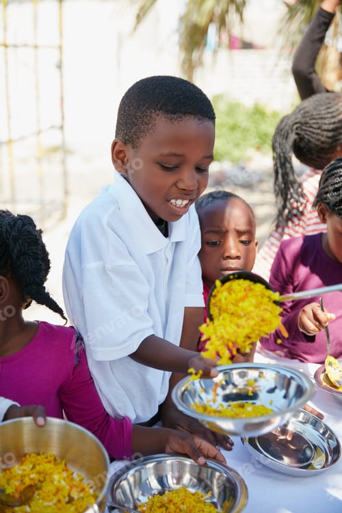Preview: Food drive, meal and children outdoor for community service, charity or volunteering