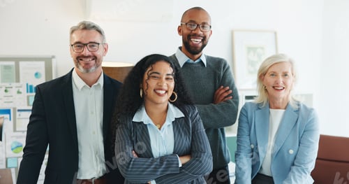 Preview: About us, portrait and smile of business people in office together for collaboration