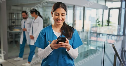 Preview: Cellphone, woman and nurse in hospital with typing for texting, communication