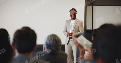 Preview: Man, audience and speaker with award for presentation, business conference or event