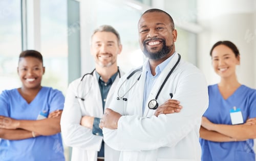 Preview: Happy, team and portrait of man with doctors for collaboration, medical support and wellness