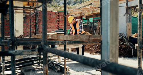 Preview: Construction, scaffolding and man with planning on site for renovation, code compliance or safety