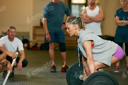 Preview: People watch, woman and deadlift in gym with barbell for bodybuilding, exercise