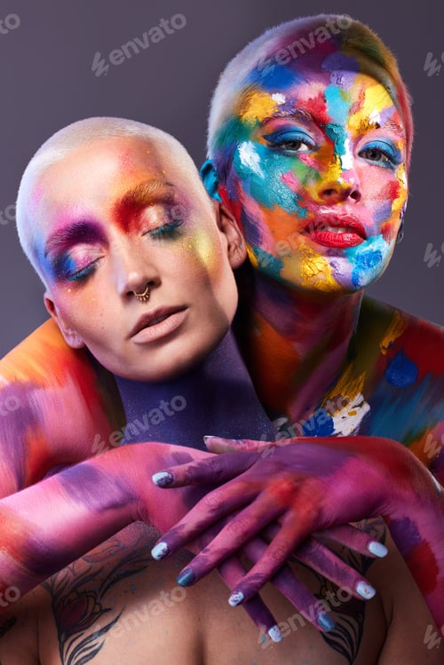 Preview: Creative, women and beauty with face paint in studio for art deco, self care and aesthetic makeover