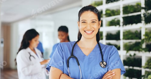 Preview: Doctor, woman and smile with arms crossed in clinic for pediatric help, medical service or about us