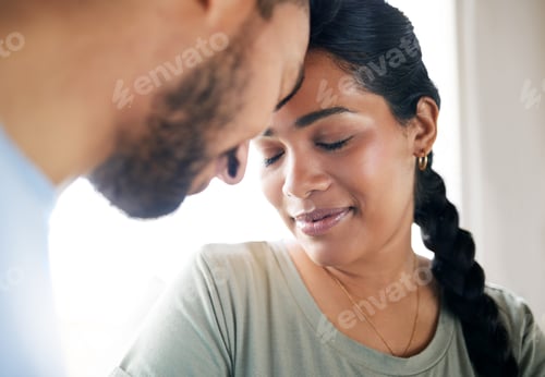 Preview: Couple, relax and smile in home with love connection, support and bonding together on weekend break