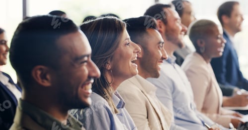 Preview: Business, audience or people at conference with laugh, information or funny presentation at trainin