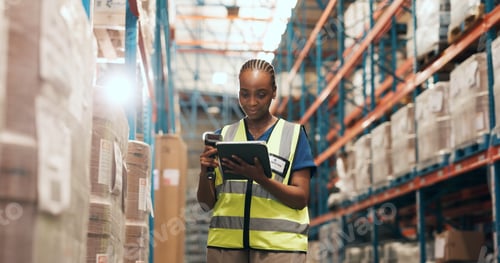 Preview: Logistics, tablet and black woman in warehouse with scanner for stock control